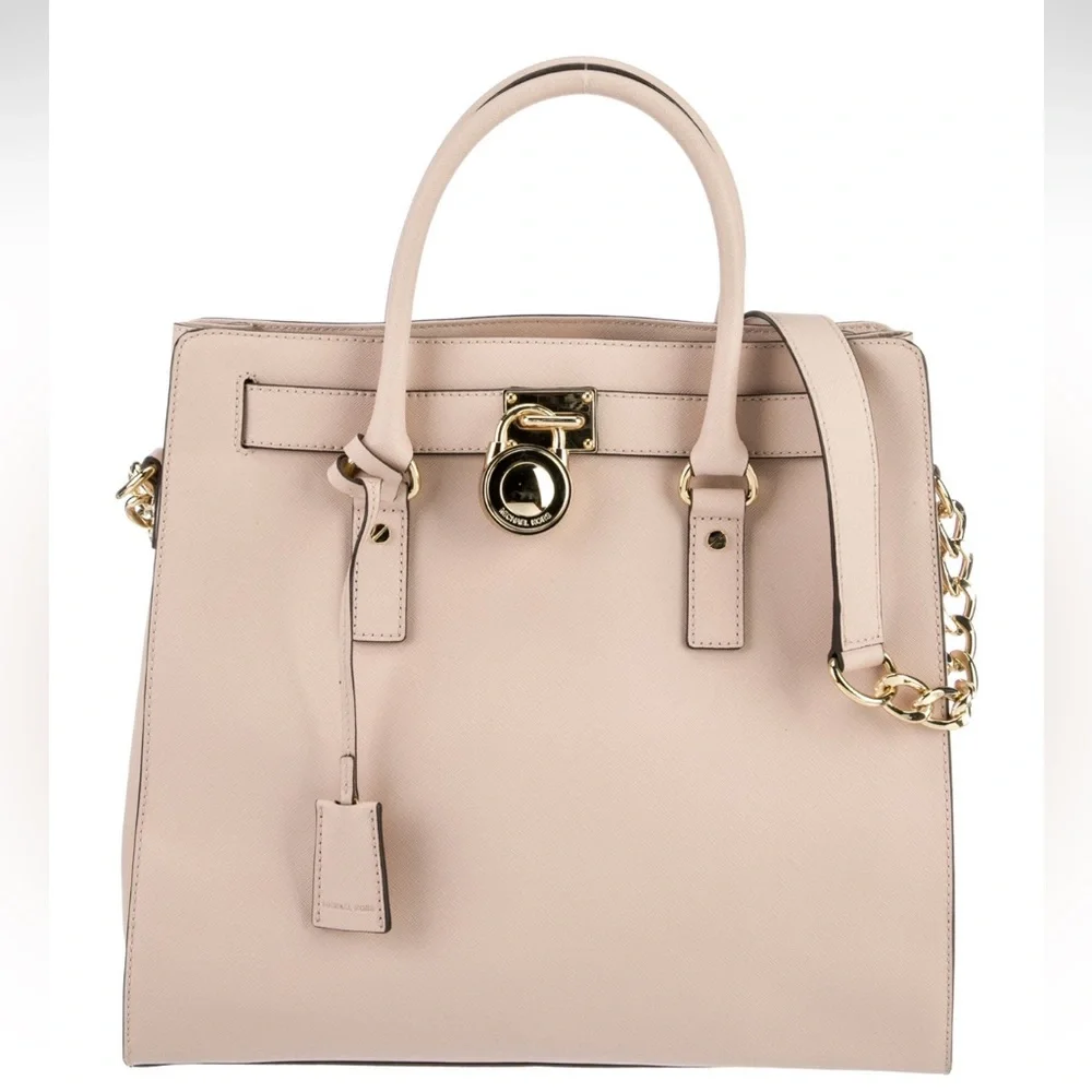 MICHAEL KORS HAMILTON LARGE PINK BALLET SAFFIANO GOLD LEATHER NS TOTE BAG